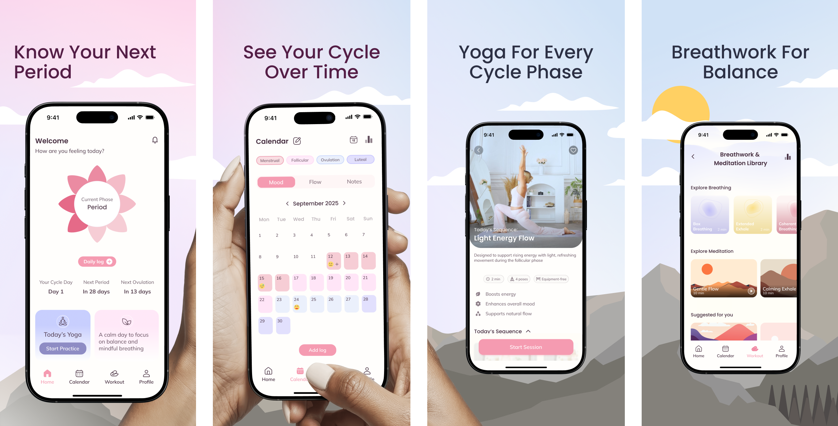 Four smartphone screens showing different features of a Cycle Yoga Period Tracker App.