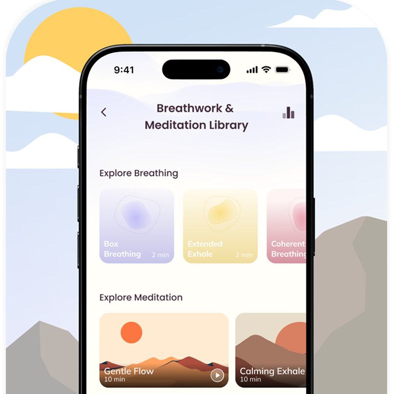 Phone displaying a meditation app with a scenic background