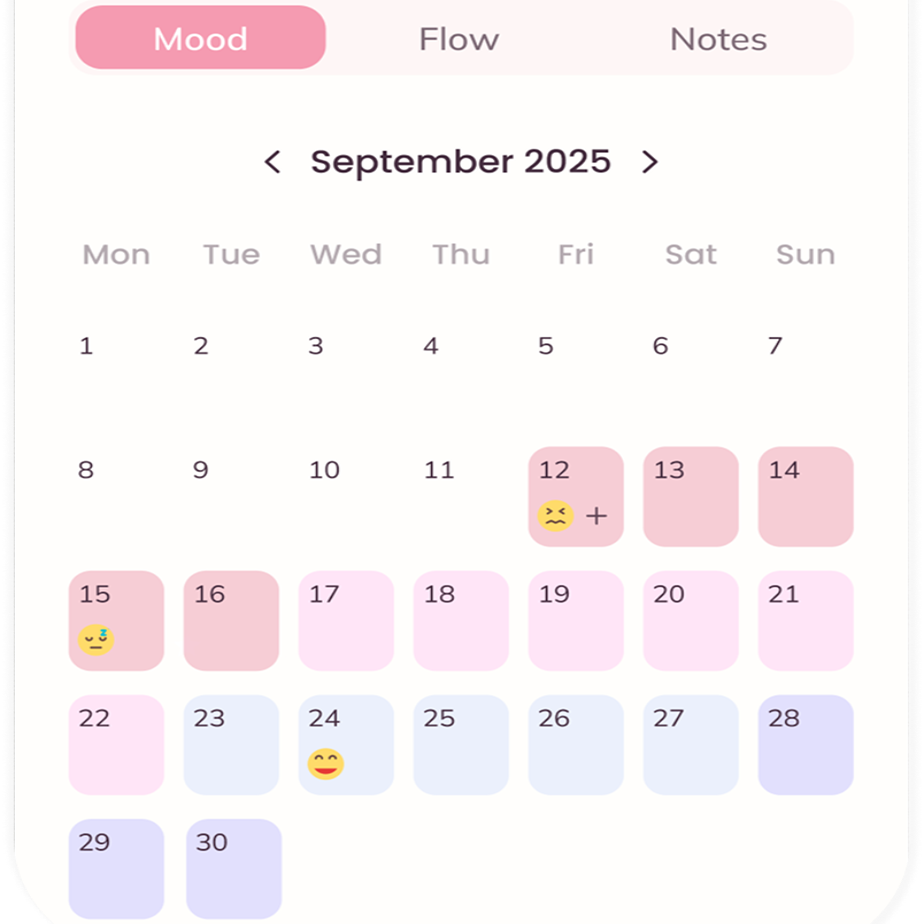 Menstrual cycle tracking app interface for September 2025 with mood, flow, and notes sections.